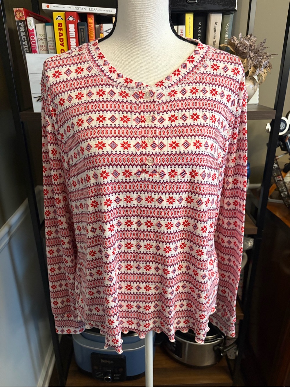 LOFT Red and White Knit Henley Long-Sleeve Sleep Top